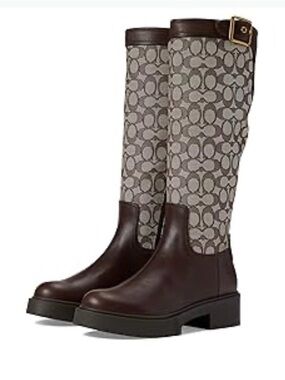 NEW Coach Extended Calf Riding Boots Signature Jacquard Brown Leather Boots 6.5